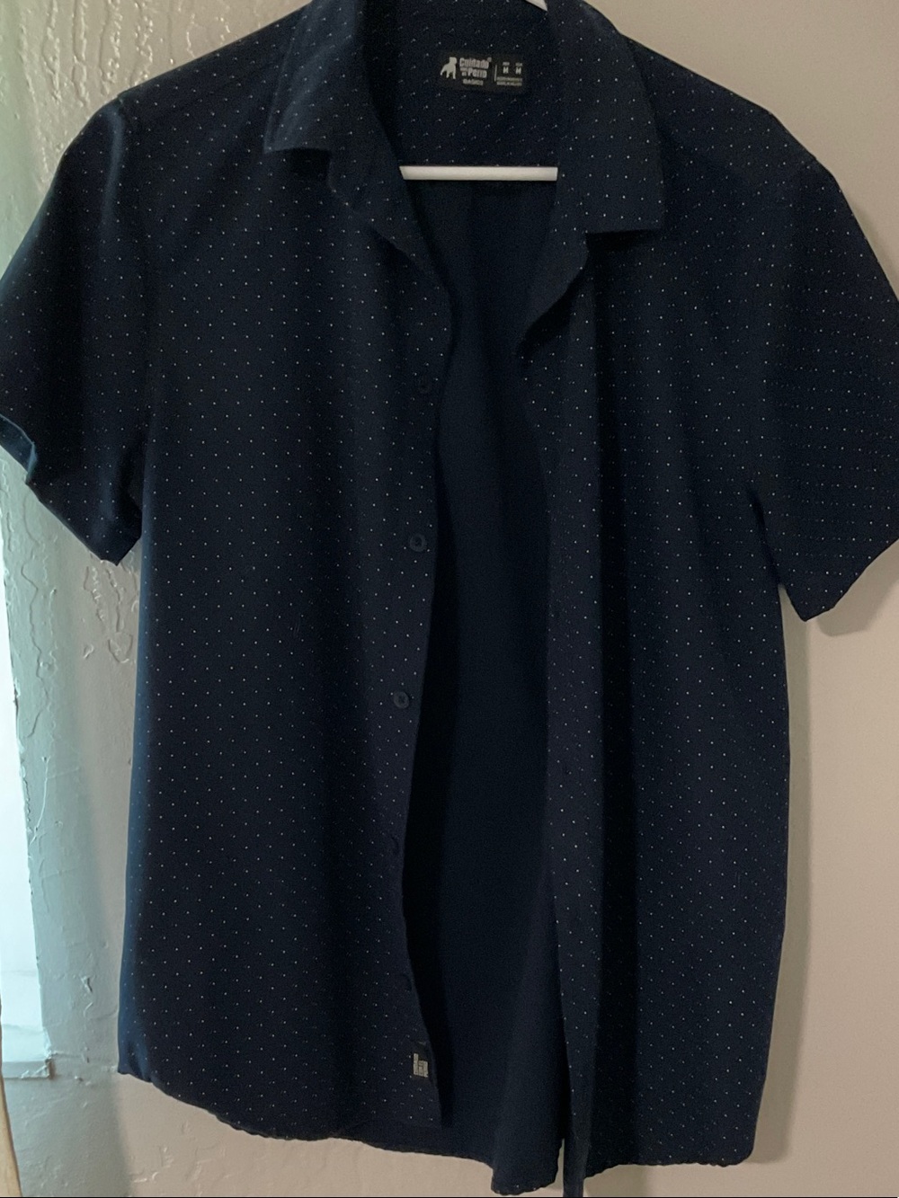 Men's Navy Short-Sleeve Button-Down Shirt with Micro Dot Pattern